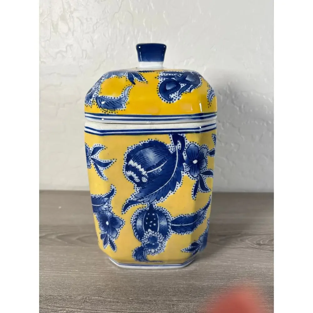 Chinese Chinoiserie-Inspired BLUE & YELLOW Rectangular Lidded Canister 10